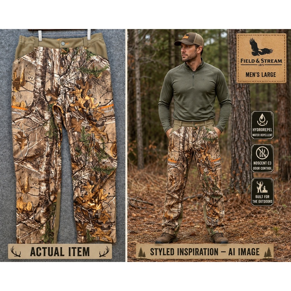 Field & Stream Men's L Camo Hunting Pants Realtree Edge NoScent C3 HydroRepel